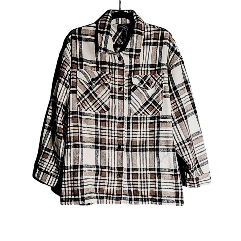 HFX Womens Plaid Shirt Jacket XL Brown Cream Black Flannel Shacket 1534711